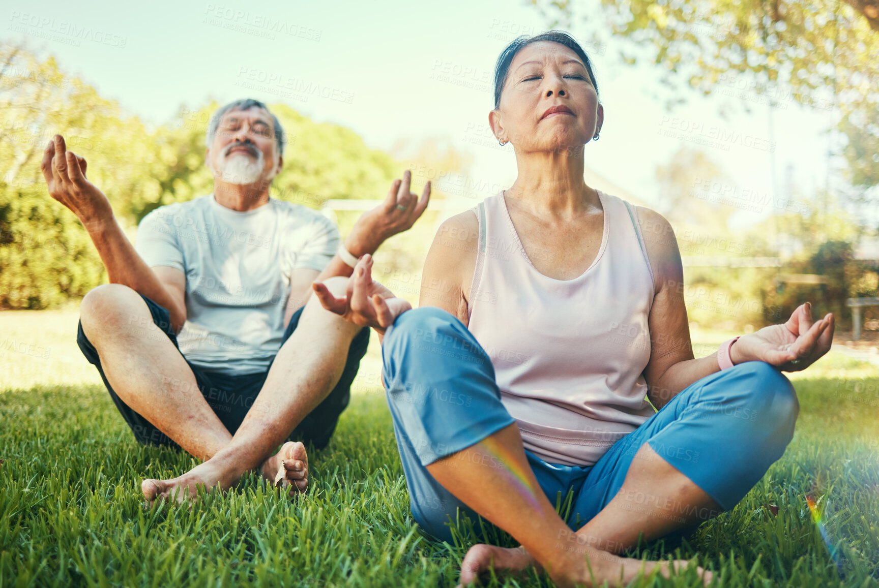 Buy stock photo Couple, yoga and lotus meditation on grass in nature at park for mindfulness, peace or calm. Mature man, woman and yogi meditate in holistic exercise, wellness or zen to relax for body health outdoor