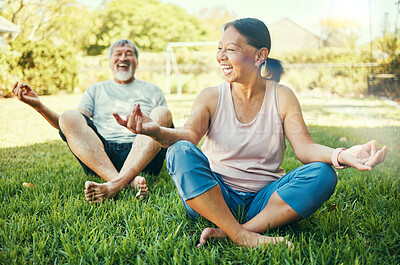 Buy stock photo Senior couple, yoga and outdoor meditation on grass at park for mindfulness, peace or calm. Mature man, funny woman and yogi laughing for holistic exercise, wellness and zen to relax for body health