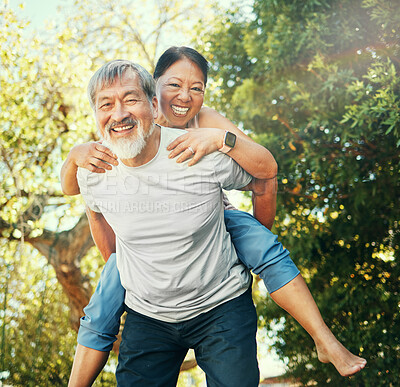 Buy stock photo Piggy back, portrait and mature couple in garden for bonding, relationship and relaxing outdoors. Marriage, nature and senior Asian man and woman happy, laughing and playful for love, care and fun