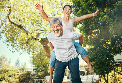 Buy stock photo Couple, piggyback and nature to smile in portrait, excited and playful in freedom, energy and joy. Happy elderly asian people, face and date in summer, laughing and support for crazy in retirement