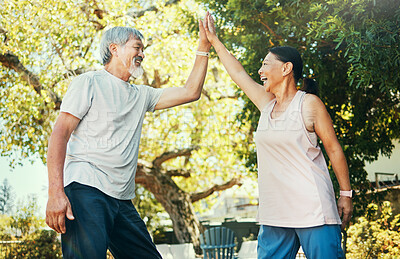 Buy stock photo Asian couple, elderly and high five in park for fitness, exercise and workout in summer with smile. Senior, man or woman or holding hands outdoor in nature or backyard for bonding, love and care