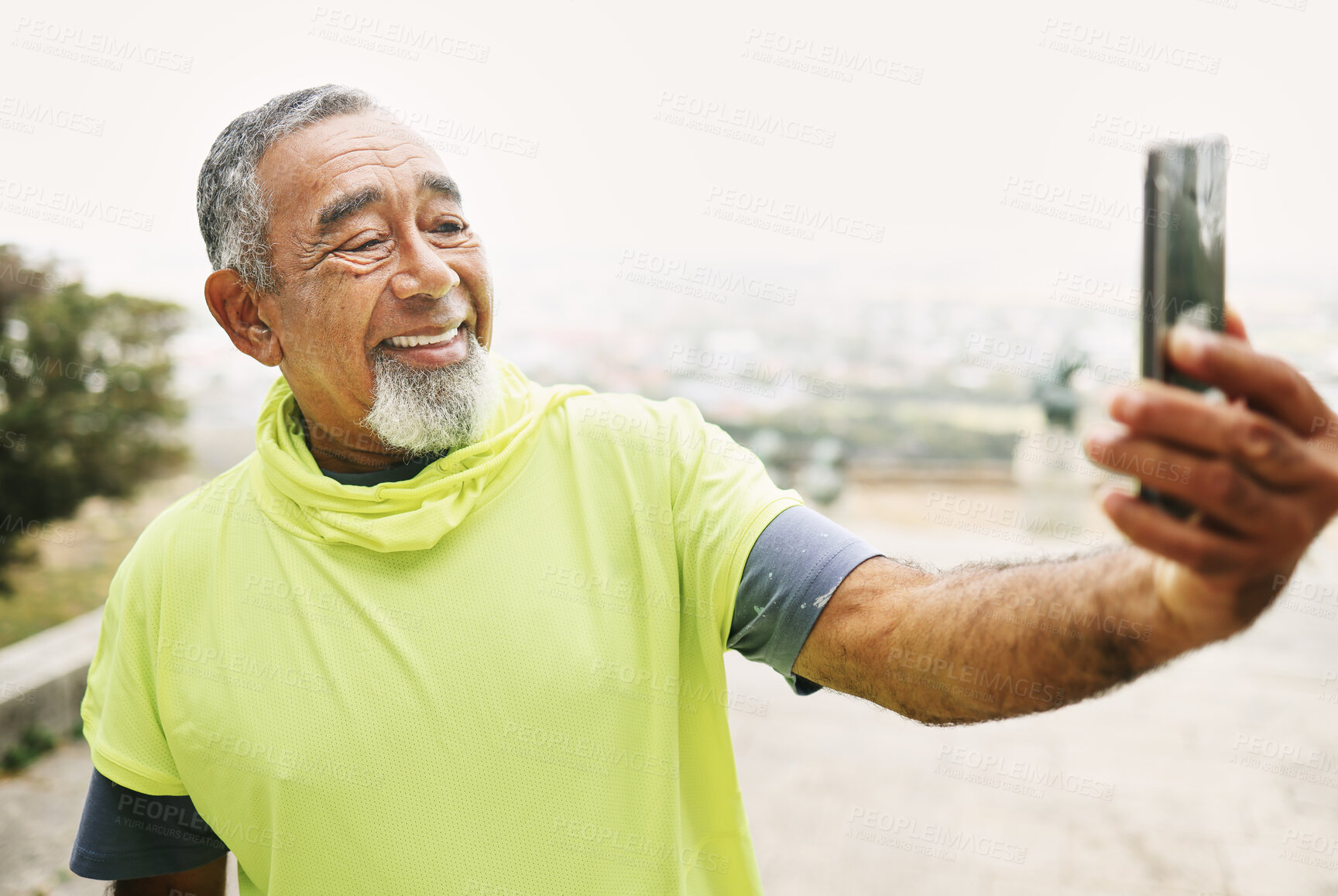 Buy stock photo Selfie, smile and senior man hiking for health, wellness or cardio training on a mountain. Happy, nature and portrait of excited elderly male person taking a picture for outdoor trekking in the woods