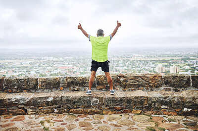 Buy stock photo Senior man, achievement and winner for race, hike or marathon for health, wellness and fitness. City, run and thumbs up for goal, workout and victory in celebration, elderly and freedom retirement 