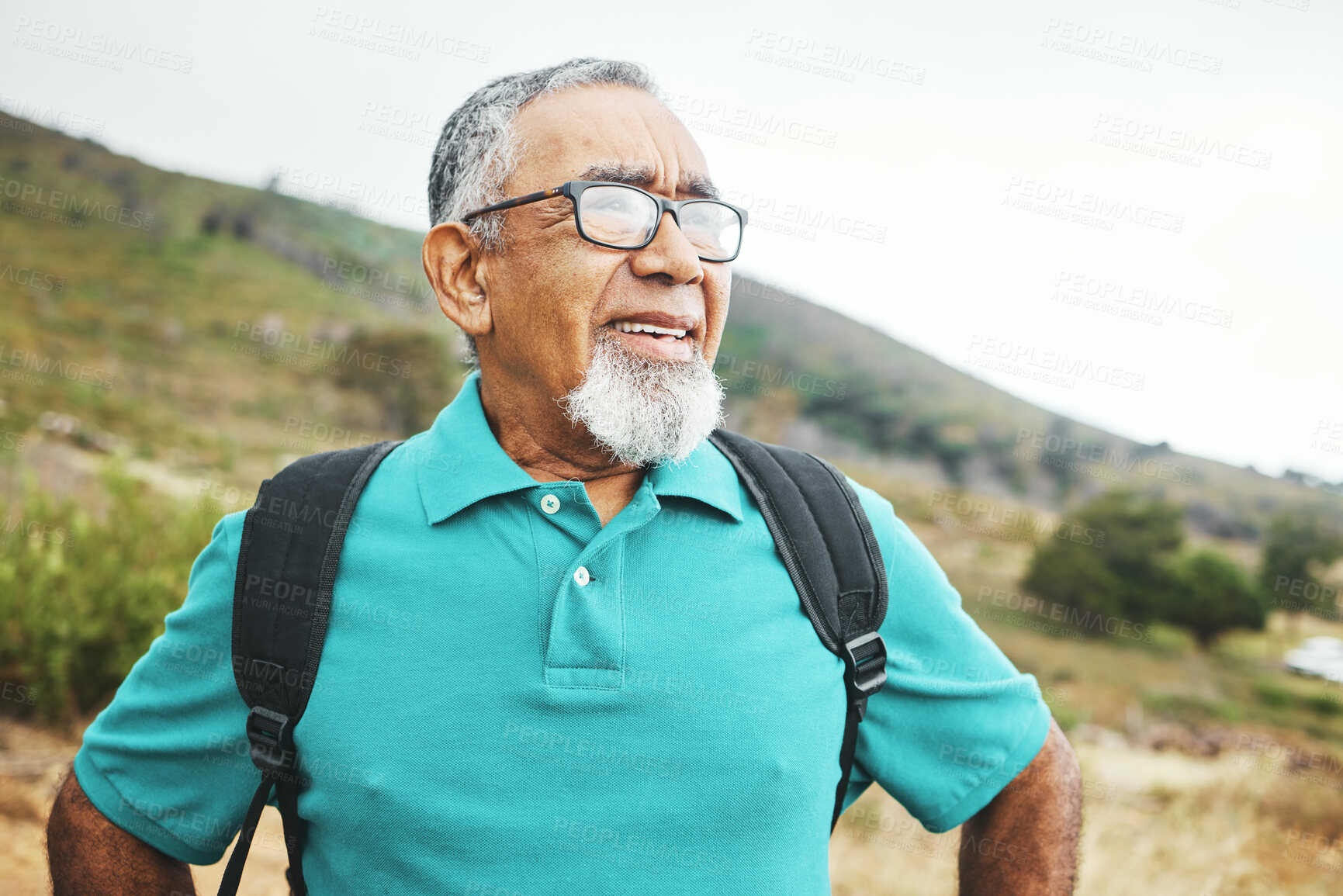 Buy stock photo Countryside, thinking and old man breathing, wellness and calm with retirement, peace and relax with fitness. Elderly person, pensioner and senior guy with health, forest and outdoor with fresh air