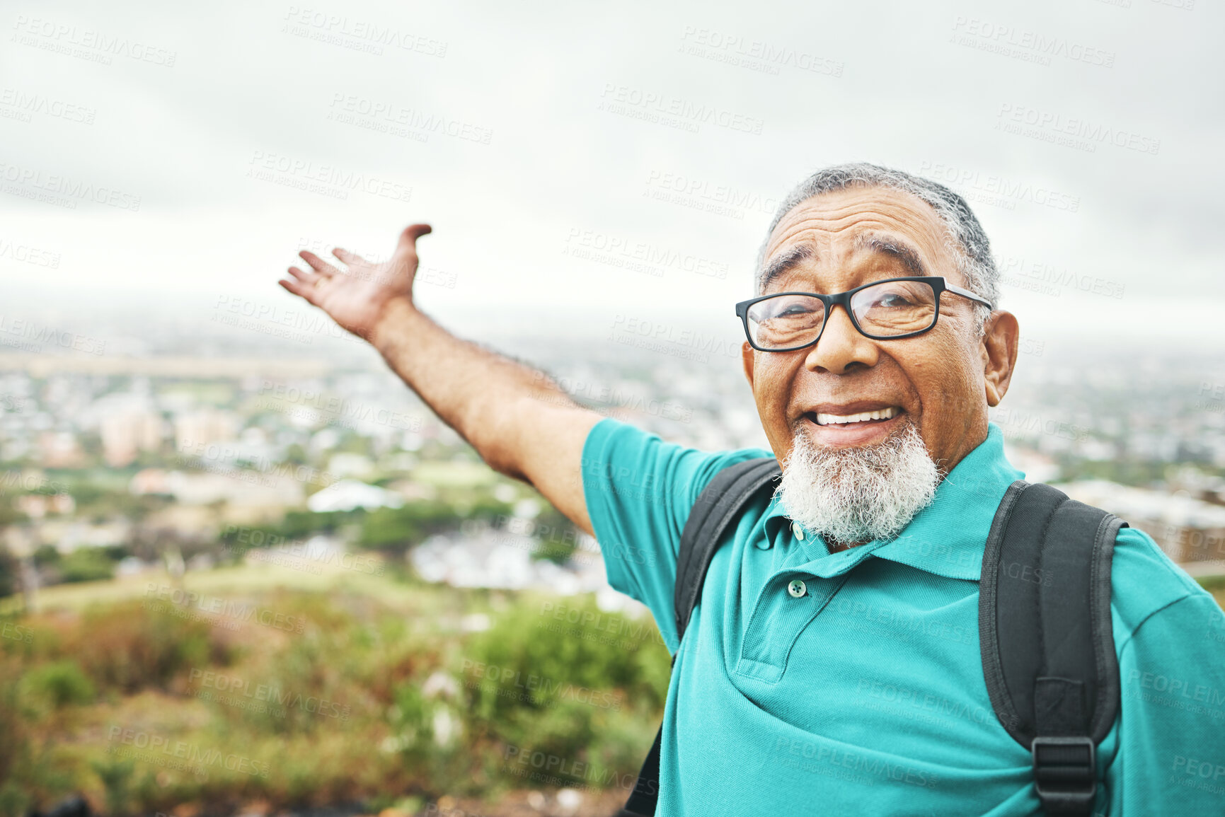 Buy stock photo Senior man, city and travel for adventure, happy and sightseeing in urban area, retired or excited. Freedom, elderly and enjoy retirement with backpack, journey and holiday with smile, outdoor or fun