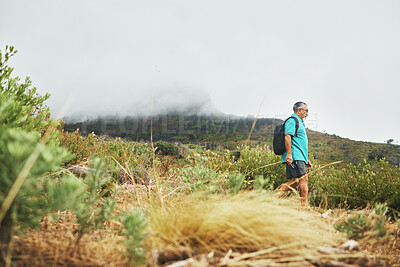 Buy stock photo Hiking, walking or senior man in nature, forest or wilderness for trekking journey or adventure banner. Bush, holiday or mature hiker on field for exercise, fitness or wellness and sky mockup