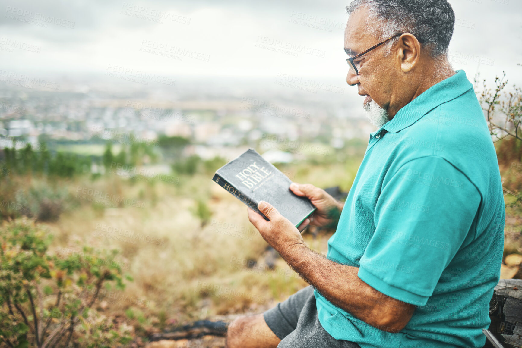 Buy stock photo Senior man, bible and reading in nature, thinking or peace for mindfulness, faith or spiritual knowledge. Mature person, Christian book and ideas with gratitude, religion or connection to holy spirit