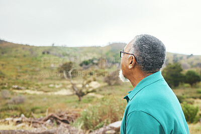 Buy stock photo Senior man, back and thinking in nature, holiday and freedom with memory, ideas and relax outdoor. Mature person, vision and countryside with reflection, choice or decision in woods, hill or field