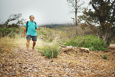 Buy stock photo Mountain, hiking and senior man in nature, countryside or exercise in woods for fitness, cardio health or wellness. Retirement, workout and person walking in forest, environment or relax in landscape