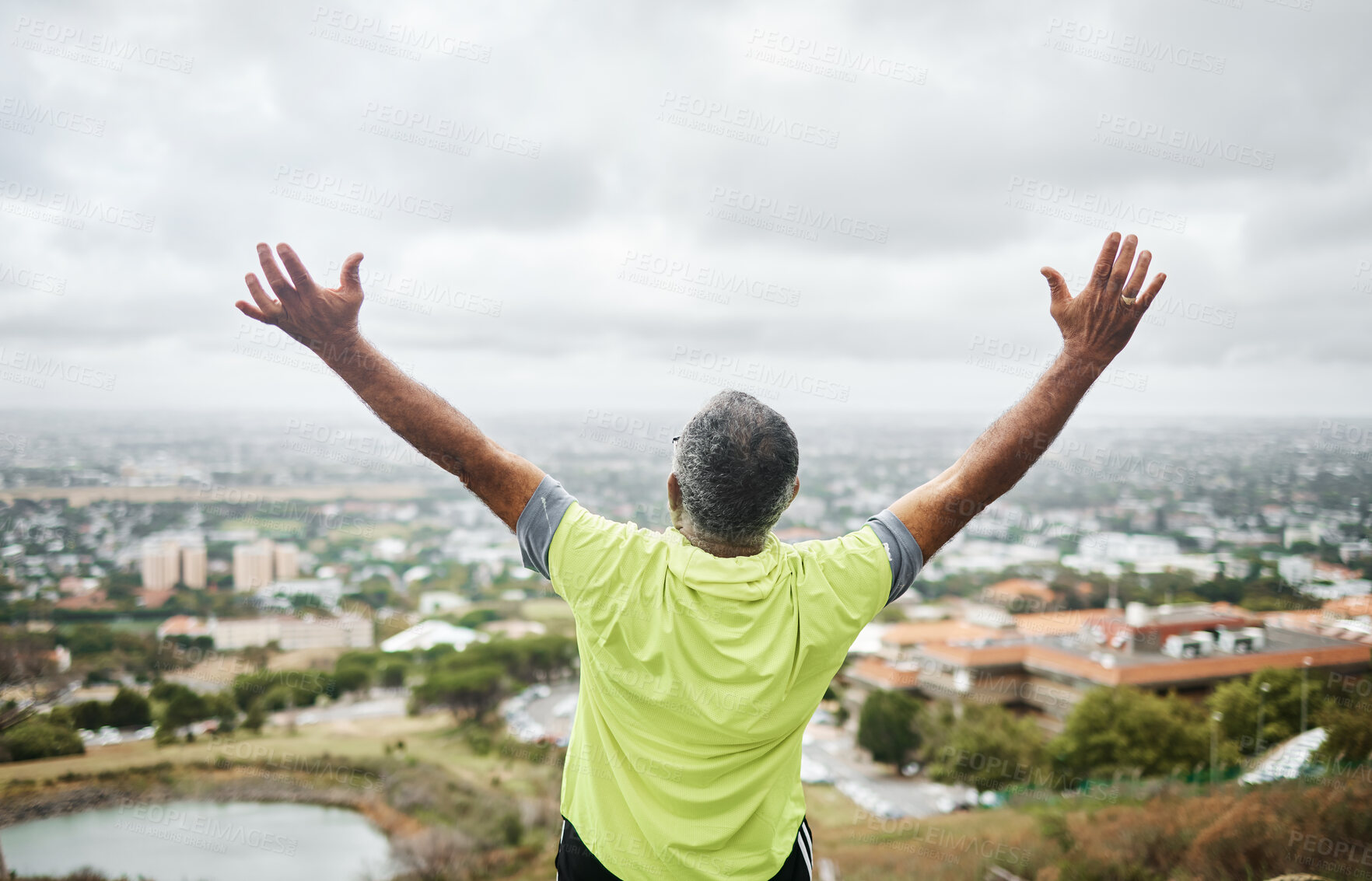 Buy stock photo Outdoor, back and old man with fitness, achievement and sports with training, wellness and success. Senior person, runner and athlete outside, exercise and workout with celebration, health or excited