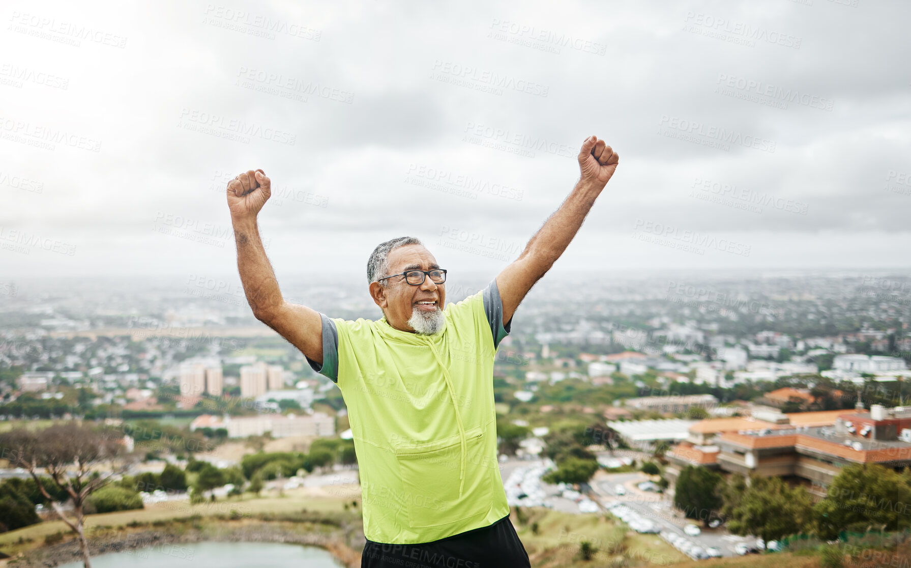 Buy stock photo Outdoor, excited and senior man with training, achievement and wellness with exercise, wellness and happiness. Old person, runner and athlete outside, fitness and workout with celebration and health