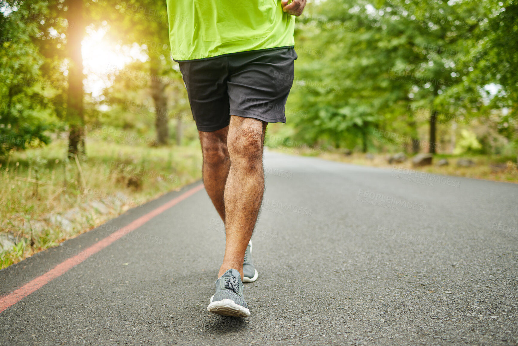 Buy stock photo Running, workout or legs of man on road, nature or forest for trekking journey or adventure for freedom. Shoes closeup, footwear or runner on street in park or woods for exercise, fitness or wellness