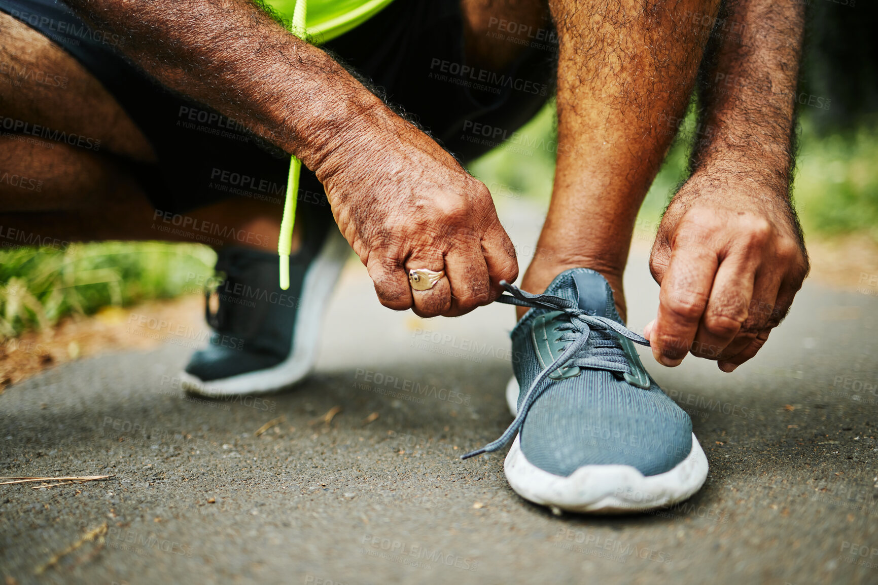 Buy stock photo Man, tie and shoes in fitness for running, workout or outdoor exercise on road, street or asphalt. Closeup of male person, hands and tying shoe getting ready or preparation for sports, cardio or run