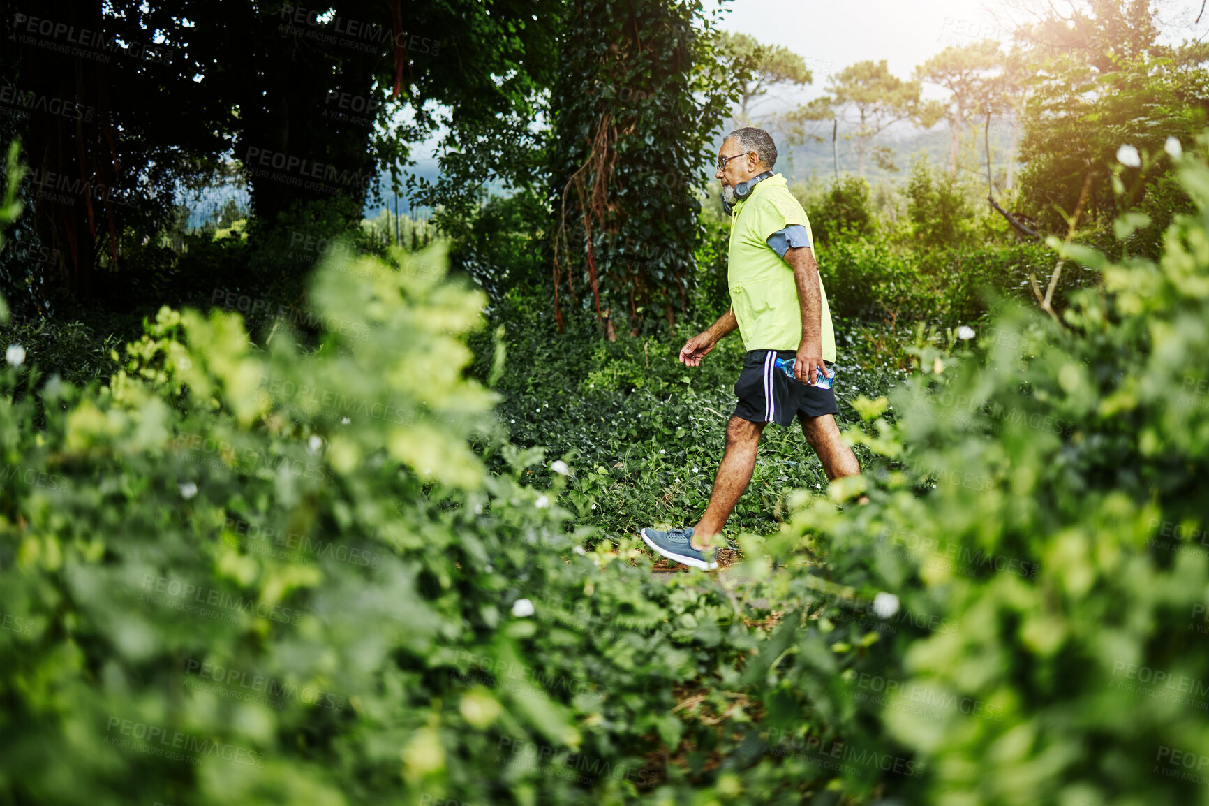 Buy stock photo Senior man, fitness walk and forest in profile, green and outdoor for wellness in retirement. Mature person, exercise and workout for health, hiking and freedom in woods, countryside or nature park