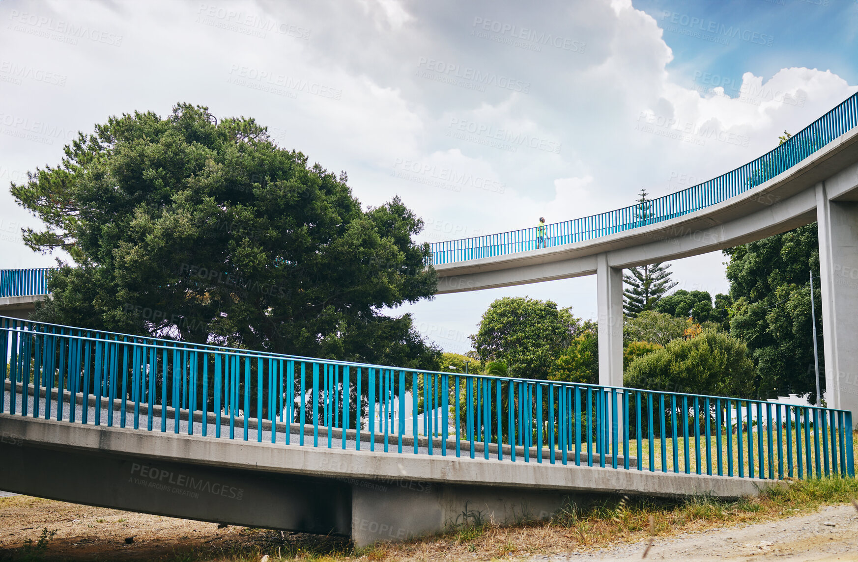 Buy stock photo Bridge, landscape and infrastructure in nature with trees for travel, commute or walking outdoor in the morning. Environment, cross over and architecture for path, traveling or development in park