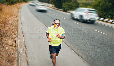 Buy stock photo City, running and senior man with fitness, training and workout with wellness, health and headphones. Old person, athlete and runner with headset, outdoor and marathon with exercise and challenge