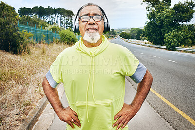 Buy stock photo Outdoor, tired and senior man with fitness, headphones and fatigue with exercise, workout and sweating. Elderly person, runner or old guy with a headset, exhausted or breathing for wellness or health