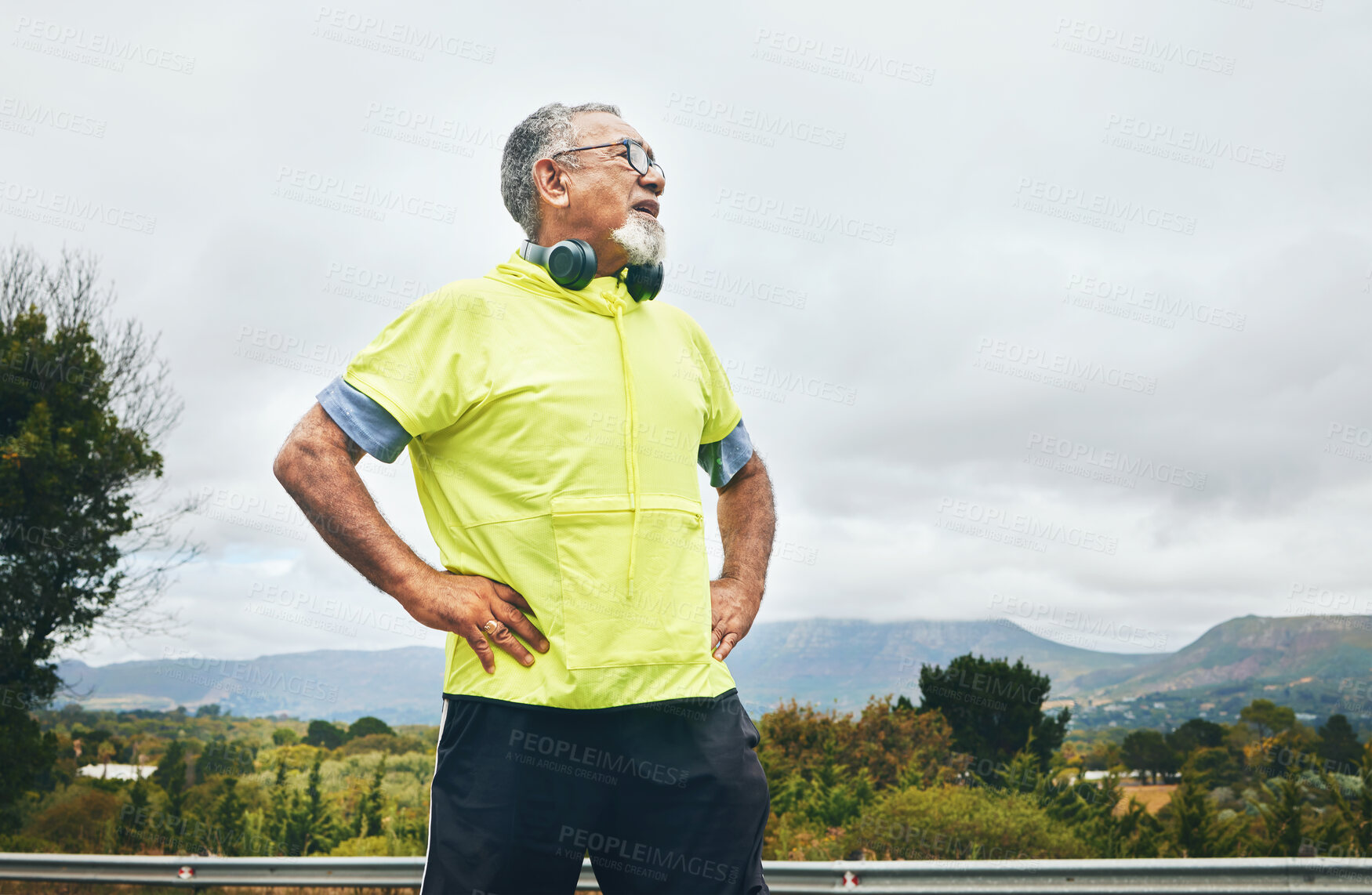 Buy stock photo Thinking, fitness and outdoor with senior man, exercise and wellness with breathing, relax or tired. Old person, sky mockup or runner with fatigue, rest or outside with workout, training or fresh air