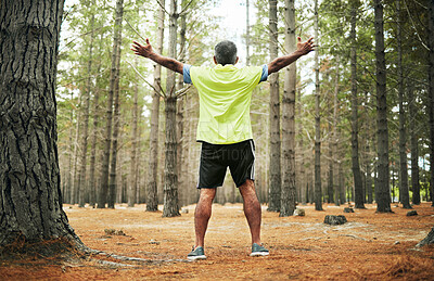 Buy stock photo Back, forest and senior man with celebration, exercise and achievement with a challenge, progress and wellness. Fresh air, runner and athlete with success, nature and woods with health and training