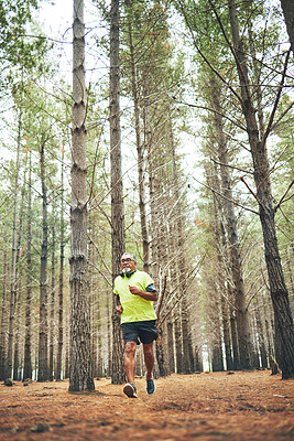 Buy stock photo Hiking, running or senior man in forest, nature or wilderness for trekking journey or adventure for freedom. Workout, trees or mature male hiker in park or woods for exercise, fitness or wellness