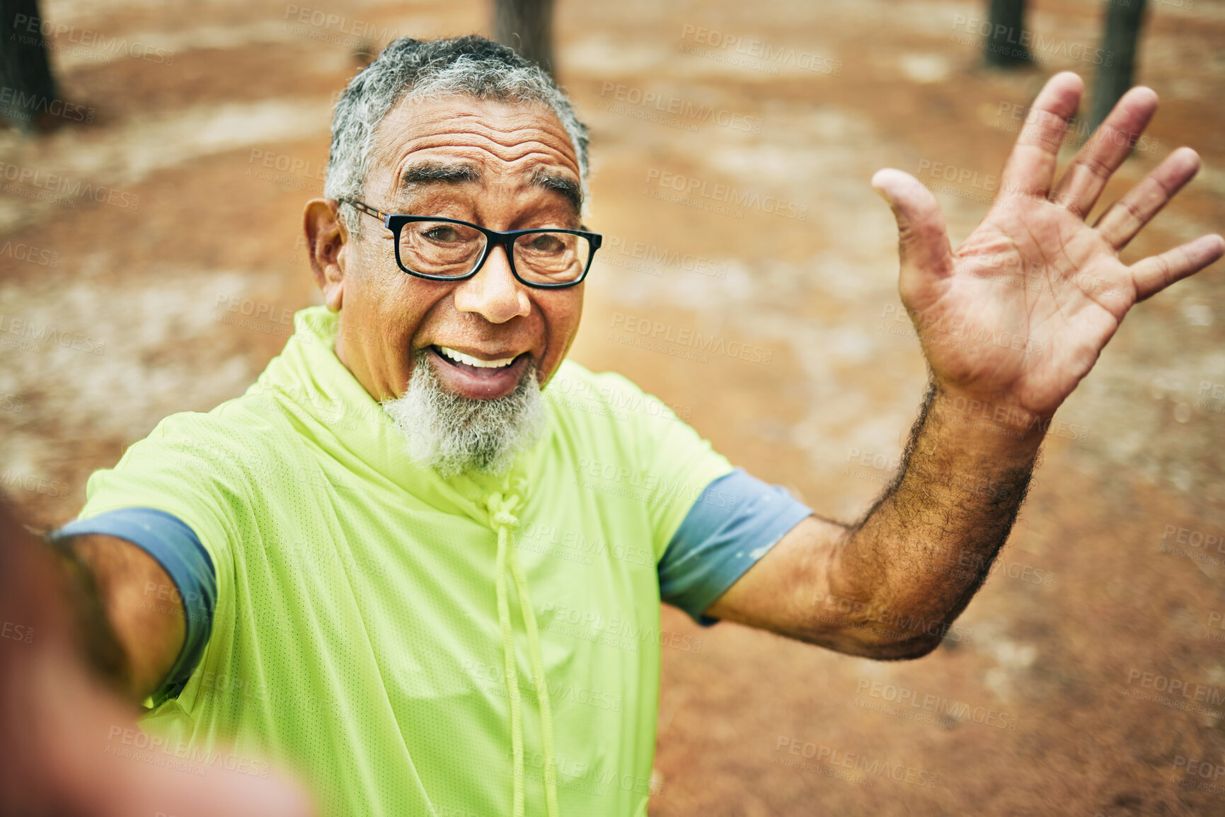 Buy stock photo Selfie, forest and senior man with fitness, smile and workout with profile picture, memory and training. Portrait, athlete and elderly man with happiness, excited and woods with health and wellness