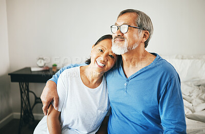 Buy stock photo Senior, portrait or happy couple hug in home bedroom together to relax on holiday with bond or support. Embrace, lovers or romantic Asian man with a mature woman with love, smile or care in marriage