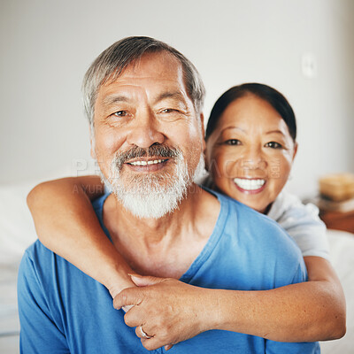 Buy stock photo Senior, hug and couple with smile in portrait for happiness, excited or relaxed in bedroom. Asian man and woman for elderly and married with enjoyment in retirement by together, care or bond for love