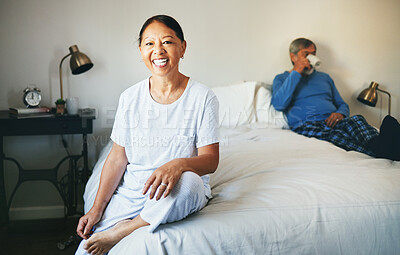 Buy stock photo Portrait, smile and a senior asian woman on her bed in her retirement with her husband drinking coffee. Relax, bedroom and a happy elderly person in her home or hotel room for hospitality together