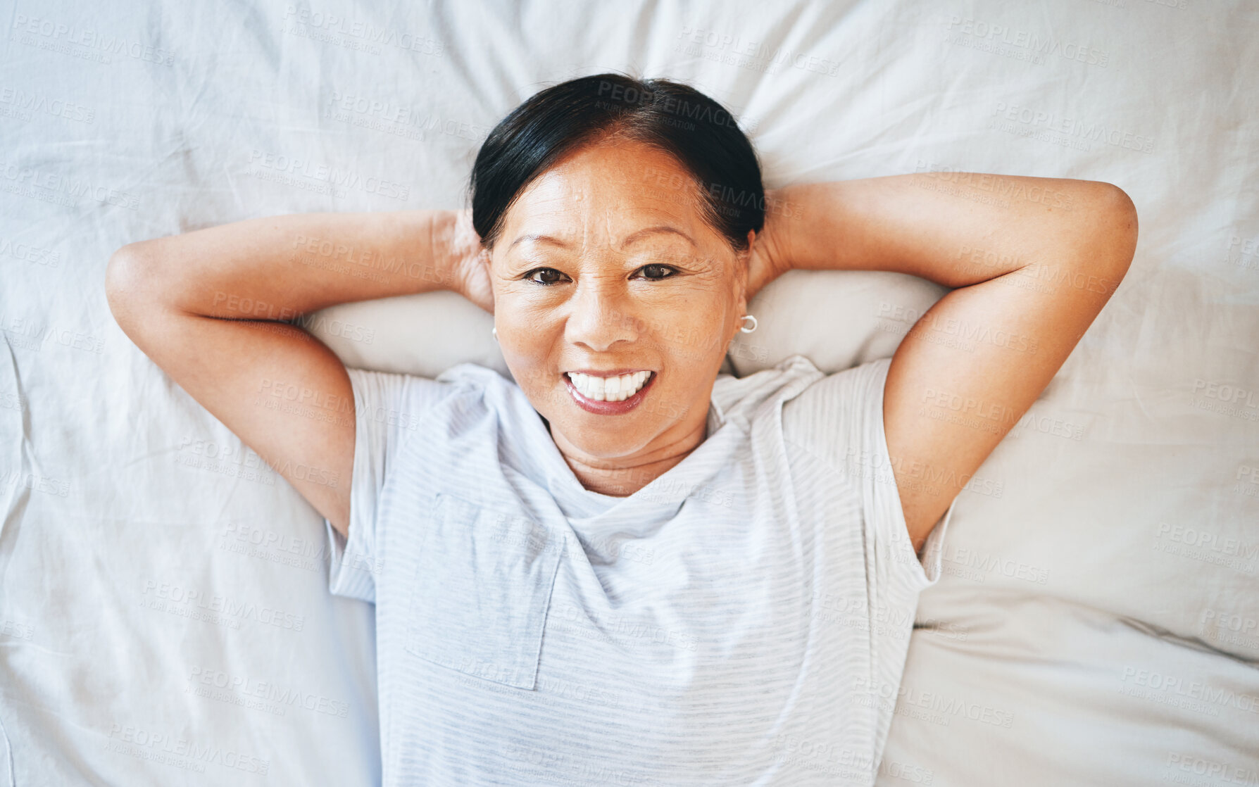 Buy stock photo Bed, portrait and happy mature woman sleeping, tired or nap for stress relief, morning wellness or retirement rest. Top view, happiness or relax Asian person cozy, dream or exhausted in home bedroom
