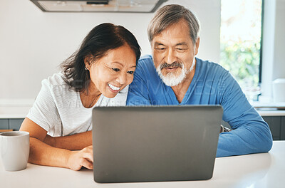 Buy stock photo Home, smile and senior couple with a laptop, conversation and search internet with website info, network and typing. Kitchen, elderly man and old woman with a pc, email notification and connection