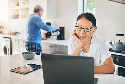 Buy stock photo Woman on laptop, earphones and streaming movie or series at home, news and network for film. Mature asian female, online research and browsing on technology, social media and internet for audio app