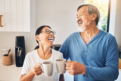 Buy stock photo Coffee, happy and senior couple in kitchen with hot beverage, tea and caffeine for breakfast. Marriage, retirement and Asian man and woman in home laugh for bonding, relationship and commitment