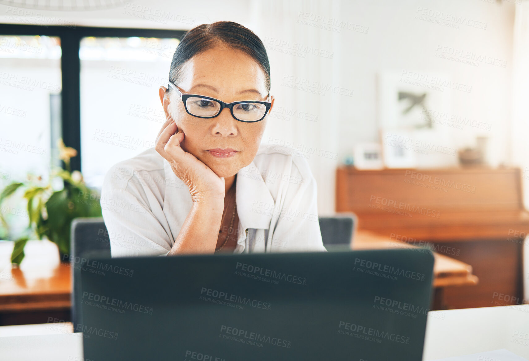 Buy stock photo Business, thinking and senior woman with a laptop, ideas and online reading with website information, brainstorming and network. Entrepreneur, worker or mature lady with a pc, opportunity or planning