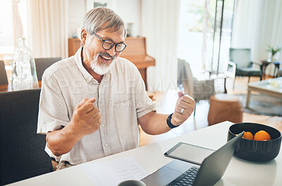 Buy stock photo Senior man, winner and laptop for home success, celebration and stock market or financial investment. Asian trader or entrepreneur with yes, fist and excited for bonus, news or trading on computer