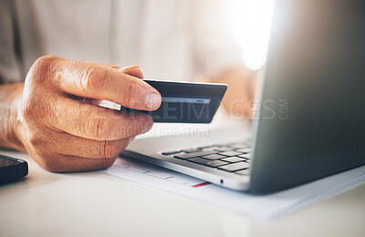 Buy stock photo Hands, credit card and laptop in online shopping, e commerce or digital payment with work from home salary. Person typing, banking and information on computer for loan application or easy transaction