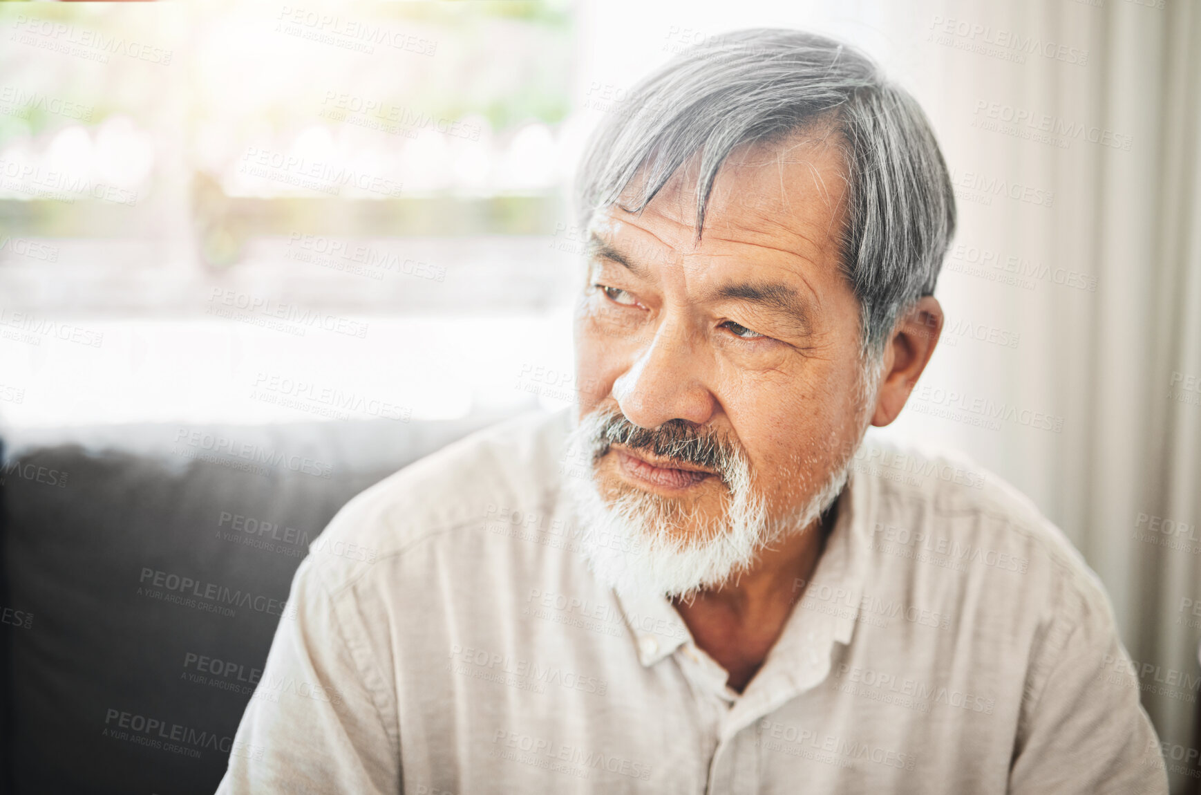 Buy stock photo Old man, thinking of memory and life with retirement, reflection and relax at home with health and mindfulness. Peace of mind, remember with knowledge and decision, wise and wellness with thoughts