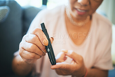 Buy stock photo Pen, hands and person does glucose test, check for diabetes with medicine and prescription healthcare. Health, wellness and medical care with chronic disease, monitor and insulin management at home