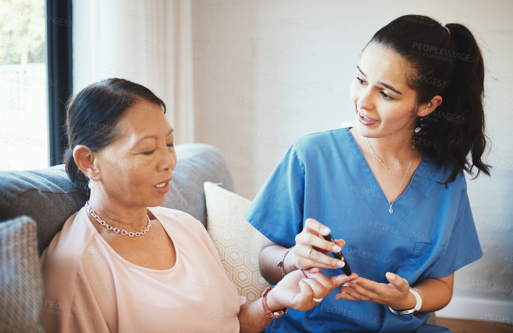 Buy stock photo Woman, doctor and senior patient with diabetes for injection, insulin or pen on finger in elderly care at home. Female person, nurse or medical caregiver giving diabetic needle prick for healthcare