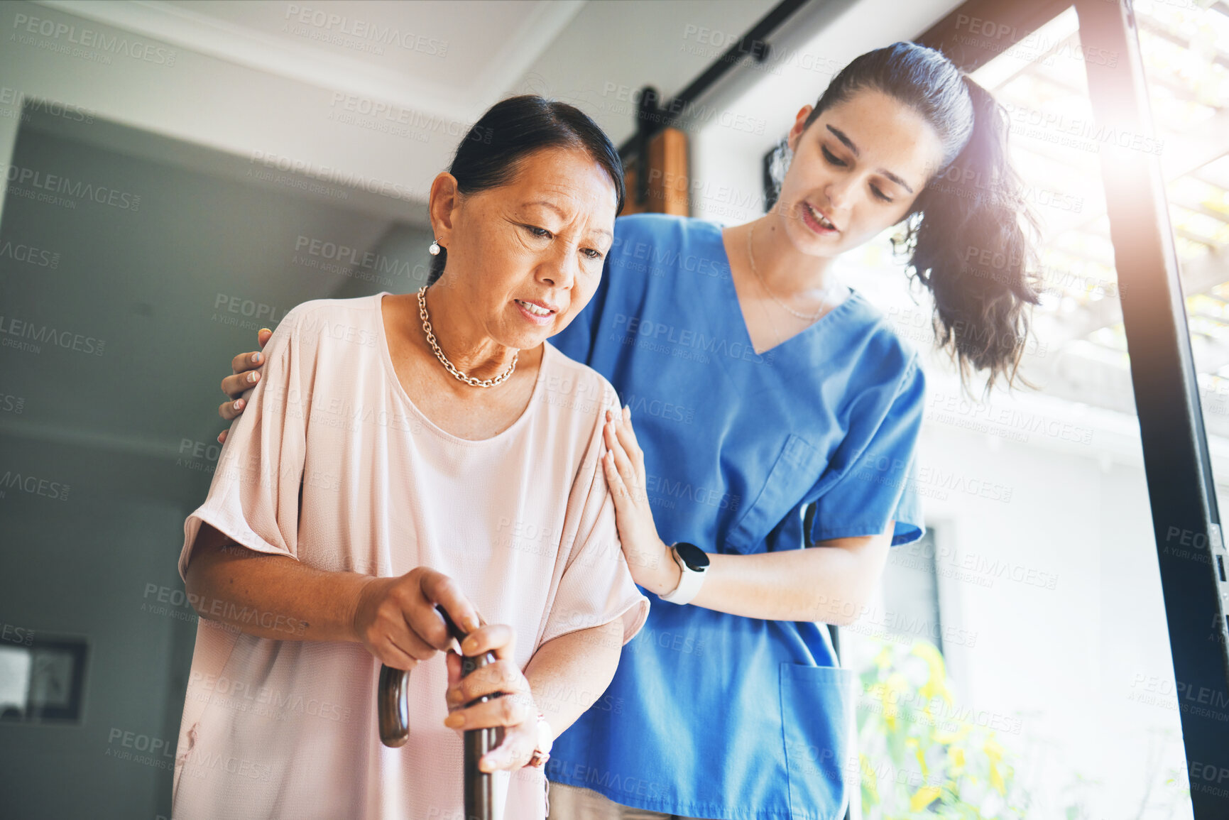 Buy stock photo Walking stick, senior woman and nurse for home support, helping and kindness with retirement or nursing service. Medical student, doctor or caregiver and elderly patient with disability in healthcare