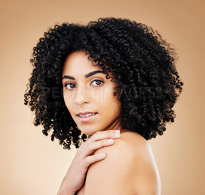 Buy stock photo Woman, face and beauty, hair and natural curls, salon treatment and shine, healthy skin glow on studio background. Skincare, dermatology and clean makeup, haircare and texture with afro in portrait