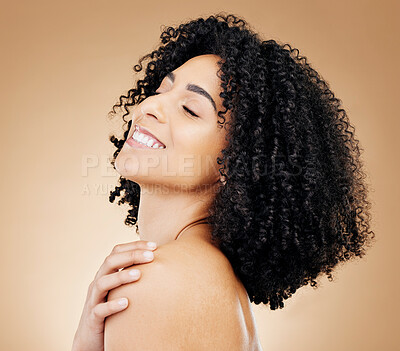 Buy stock photo Woman, happy and beauty, hair and natural curls, salon treatment and shine, healthy skin glow on studio background. Skincare, dermatology and clean makeup, haircare and texture with afro and smile