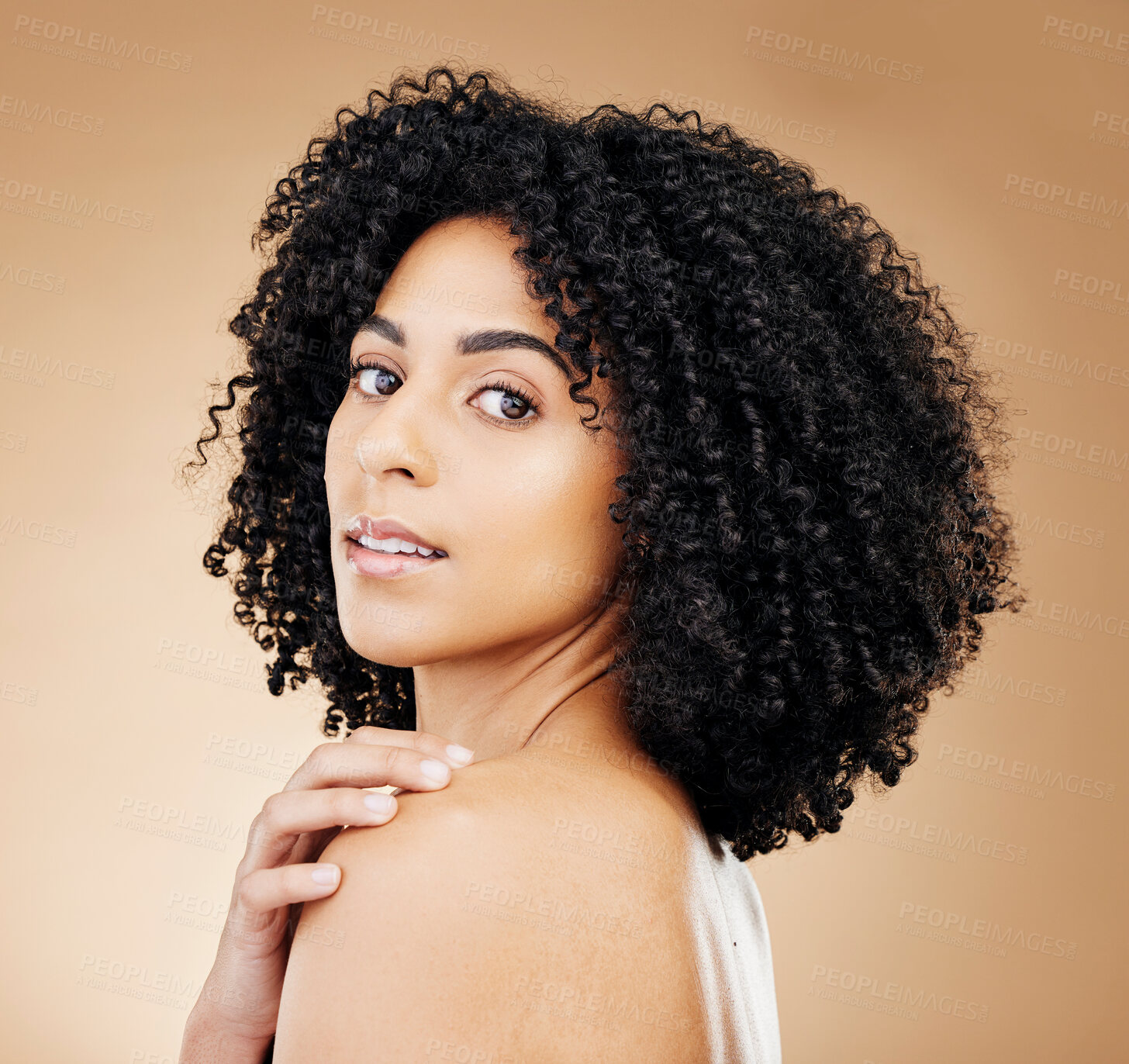 Buy stock photo Studio portrait, beauty and face of woman with skin wellness treatment, dermatology or makeup shine, glow or self care. Cosmetology, natural facial cosmetics and skincare model on brown background