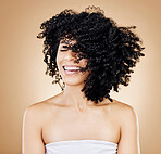 Woman, curly or afro hair wind on fun studio background for healthy hairstyle growth, texture or frizz treatment. African beauty model, shake energy and happy change by shampoo transformation results