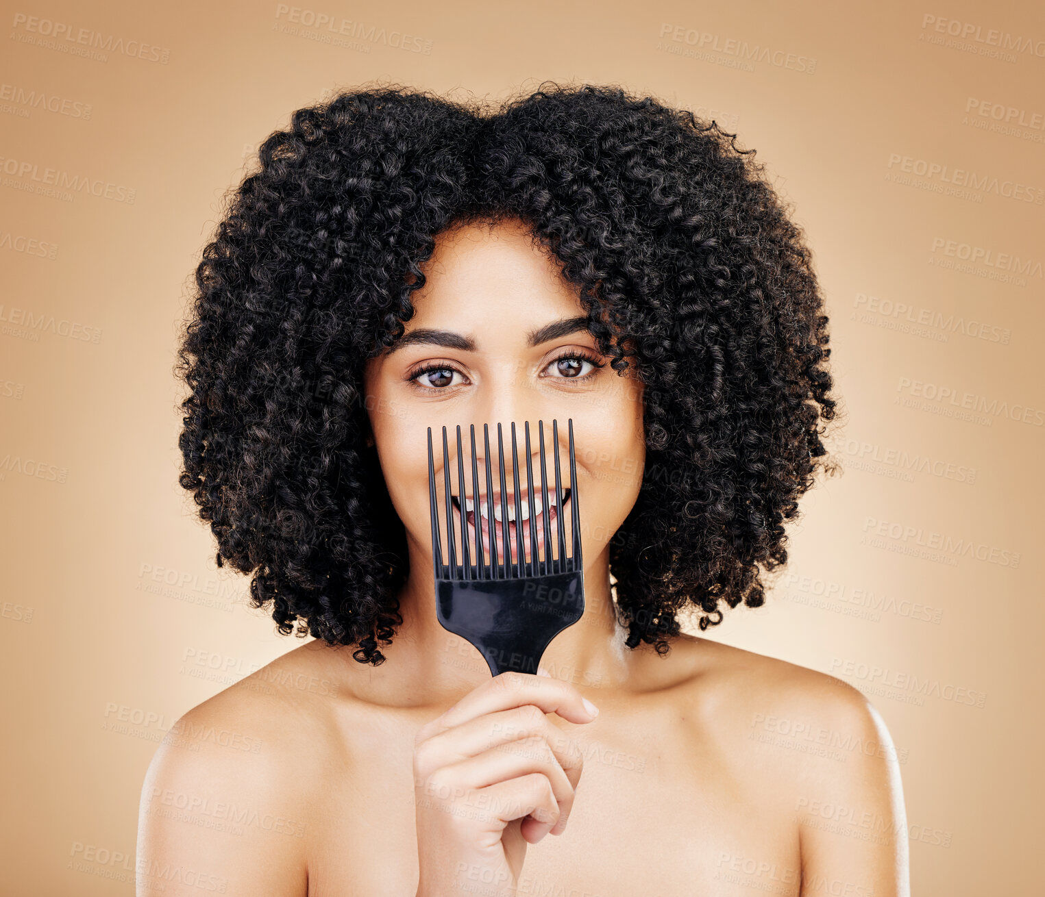 Buy stock photo Hair, comb and portrait of woman with afro for style isolated in a studio brown background for wellness and skincare. Texture, natural and young person with cosmetic aesthetic in Brazil hairdresser