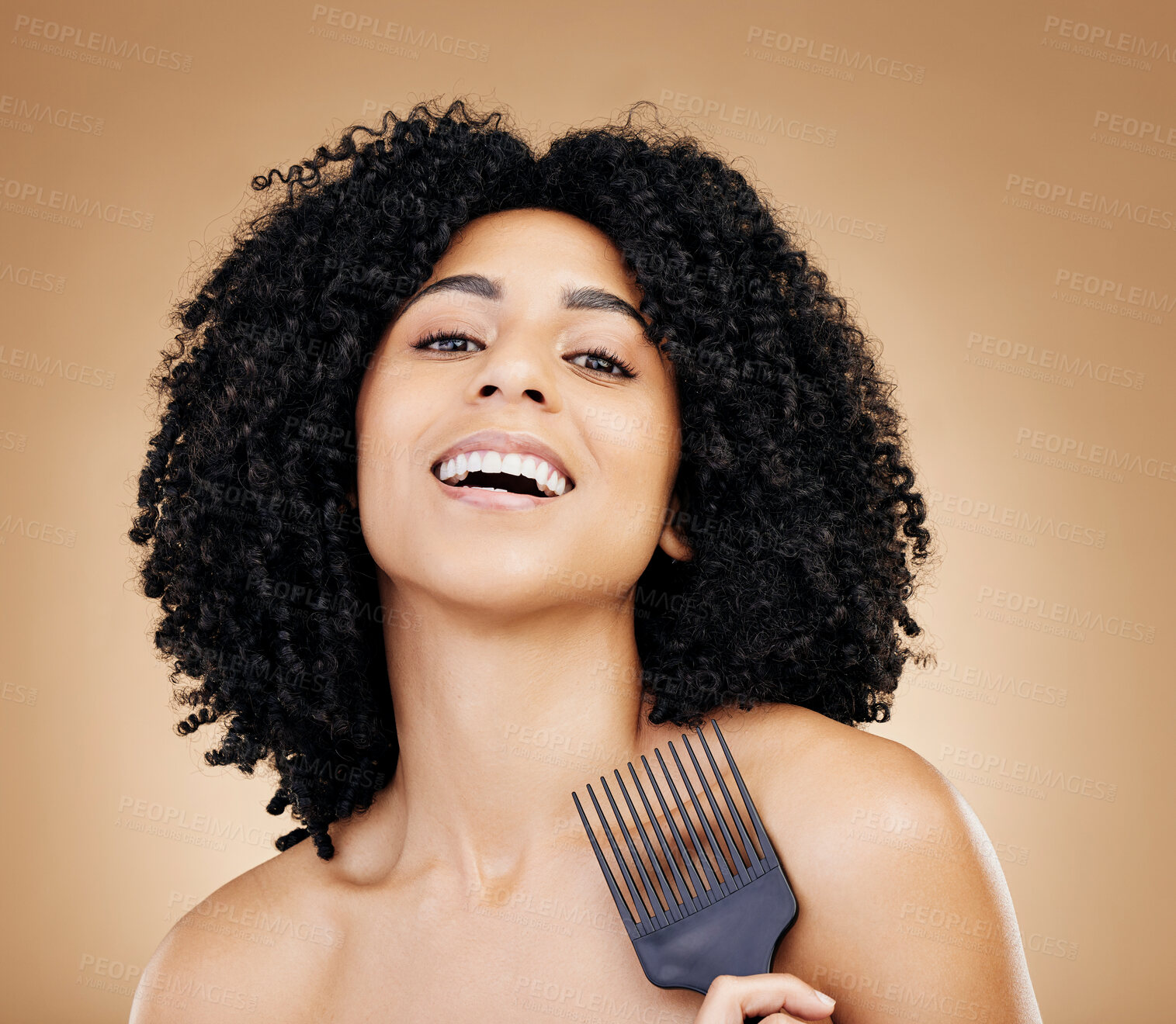 Buy stock photo Portrait, hair care and woman with a comb, afro and salon treatment with volume on brown background. Face, person or model with grooming, shine or glow with beauty, texture or aesthetic with keratin