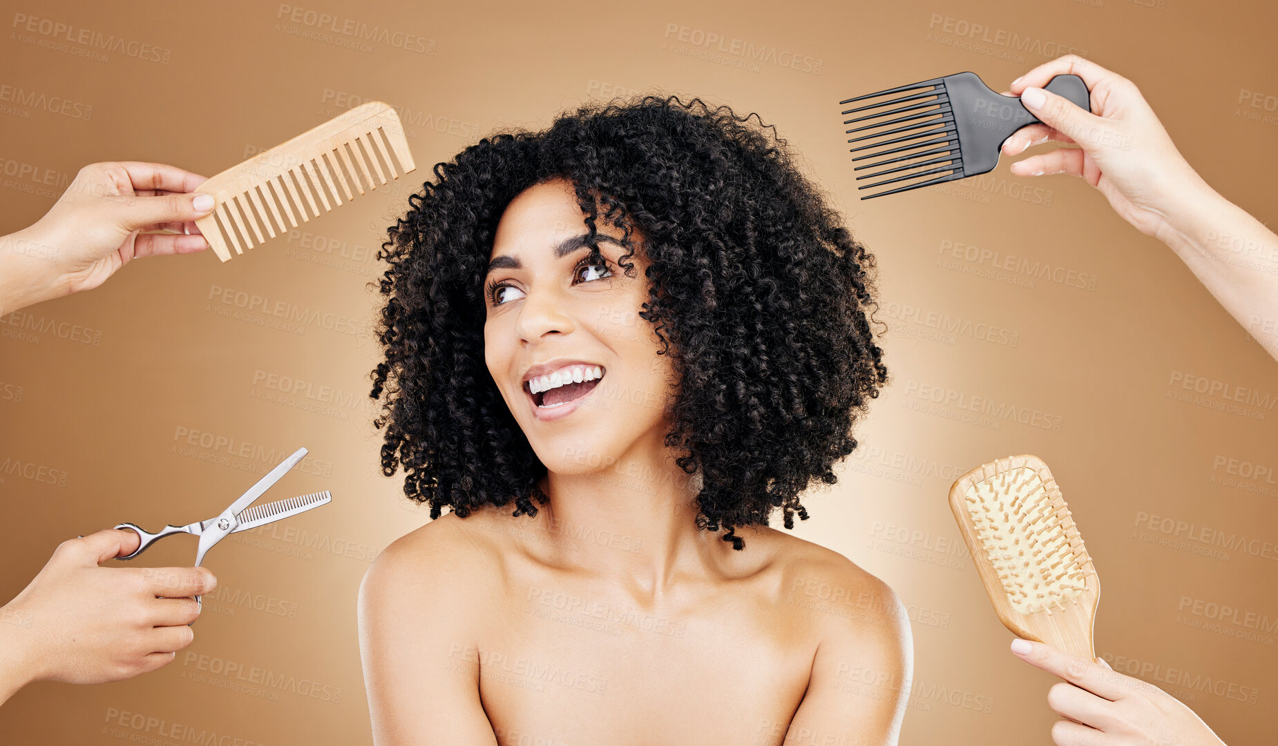 Buy stock photo Hair, woman and beauty with hands and tools choice for salon treatment with cosmetic care on studio background. Hairdresser, haircare and growth, strong texture and brush with comb and scissors 