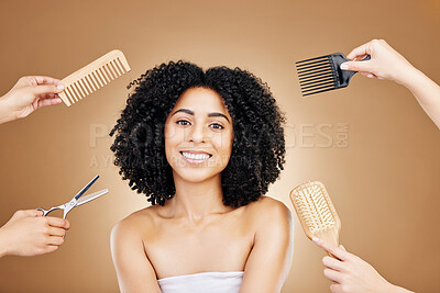 Buy stock photo Hair care, brush and portrait of woman in a studio with curly, natural and salon treatment. Smile, beauty and female model from Mexico with comb for healthy hairstyle isolated by brown background.