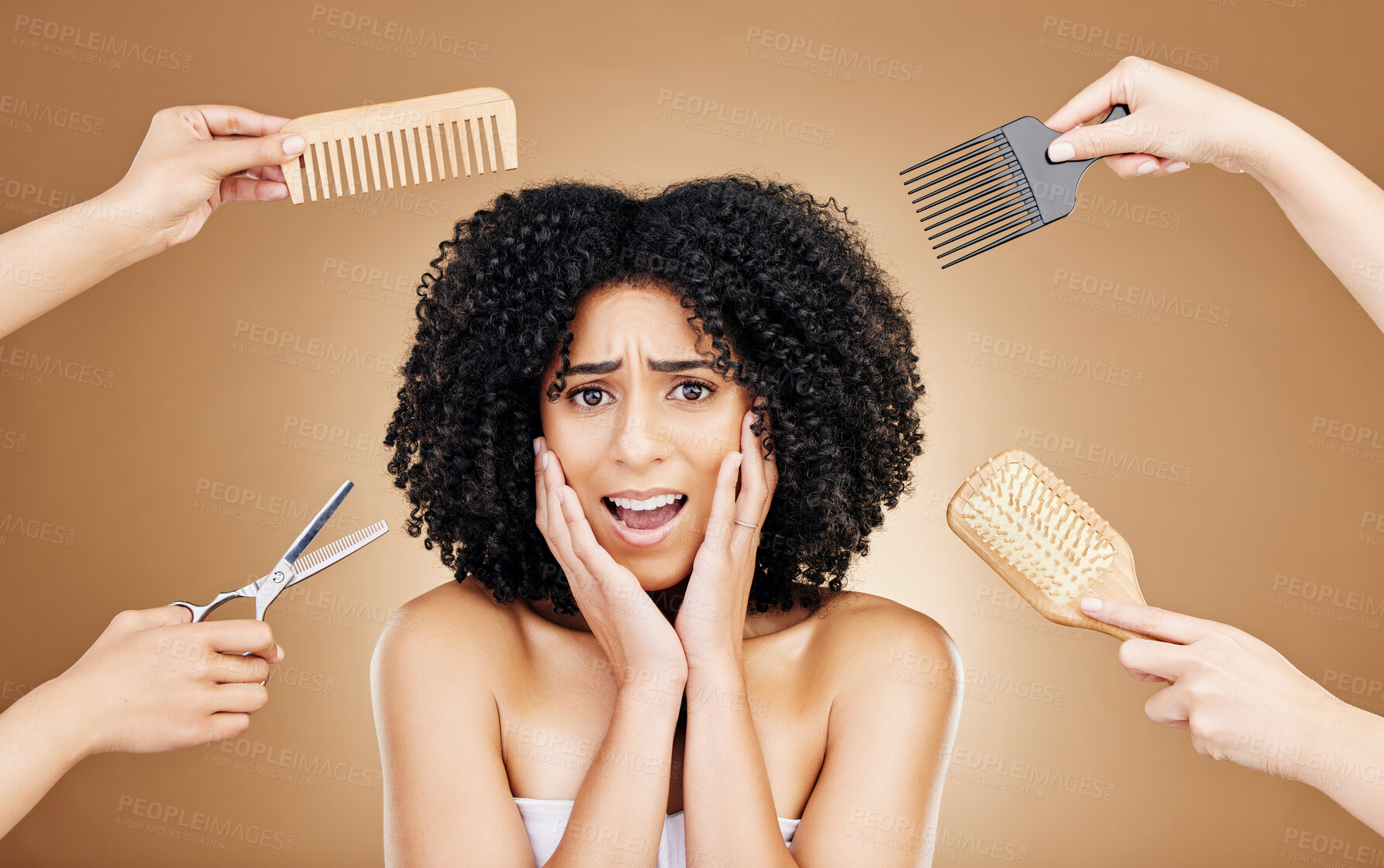 Buy stock photo Brush, scared and portrait of woman in a studio with curly, natural and salon treatment. Shock, beauty and young female model from Mexico with comb for healthy hairstyle isolated by brown background.