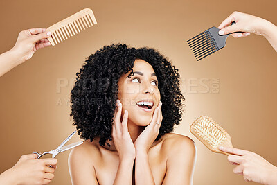 Buy stock photo Hair care, scissor and woman in studio with tools for curly, natural and salon treatment. Smile, beauty and model from Mexico with brush and comb for healthy hairstyle isolated by brown background.