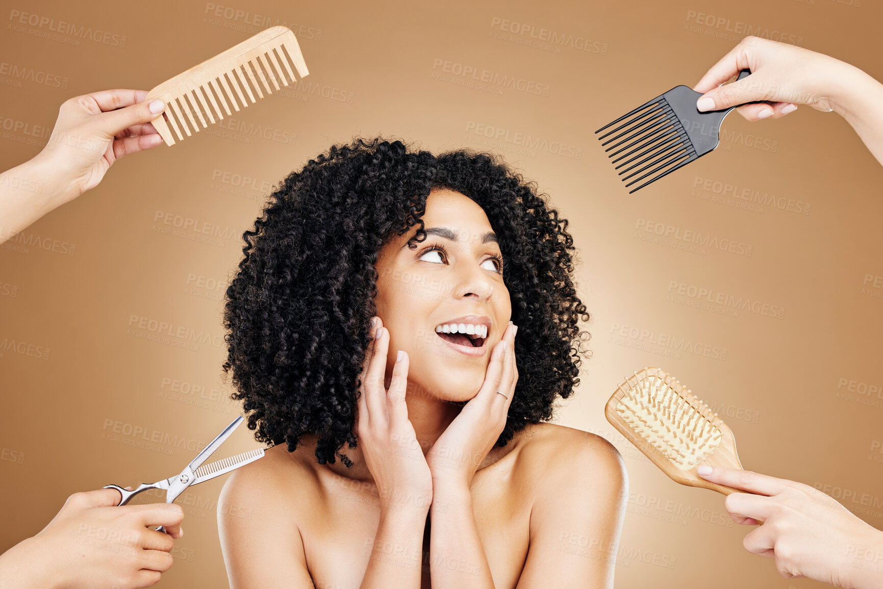 Buy stock photo Hair care, scissor and woman in studio with tools for curly, natural and salon treatment. Smile, beauty and model from Mexico with brush and comb for healthy hairstyle isolated by brown background.